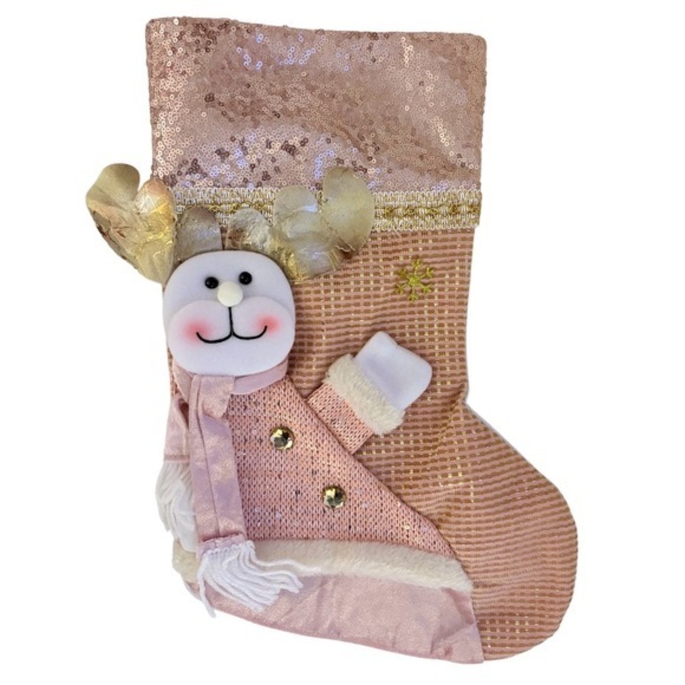 NEW Rose Gold Sequin Reindeer Christmas Stocking Pink‎ Holiday Decor